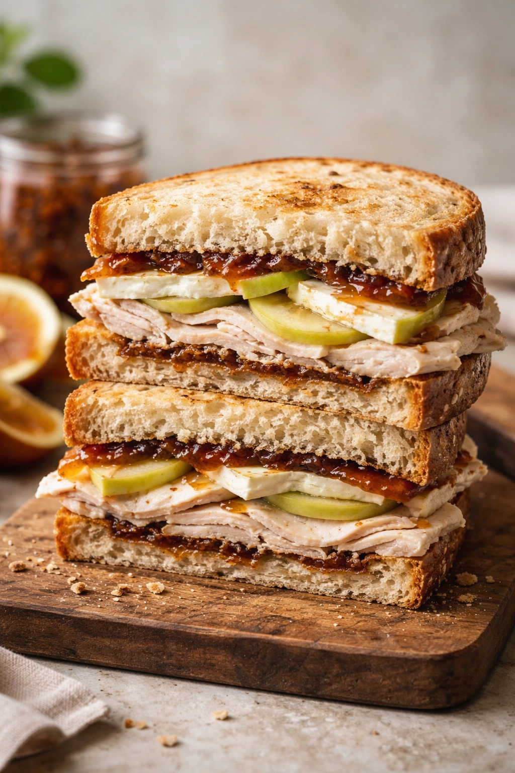 Cross-section of turkey apple brie fig jam sandwich on rustic bread