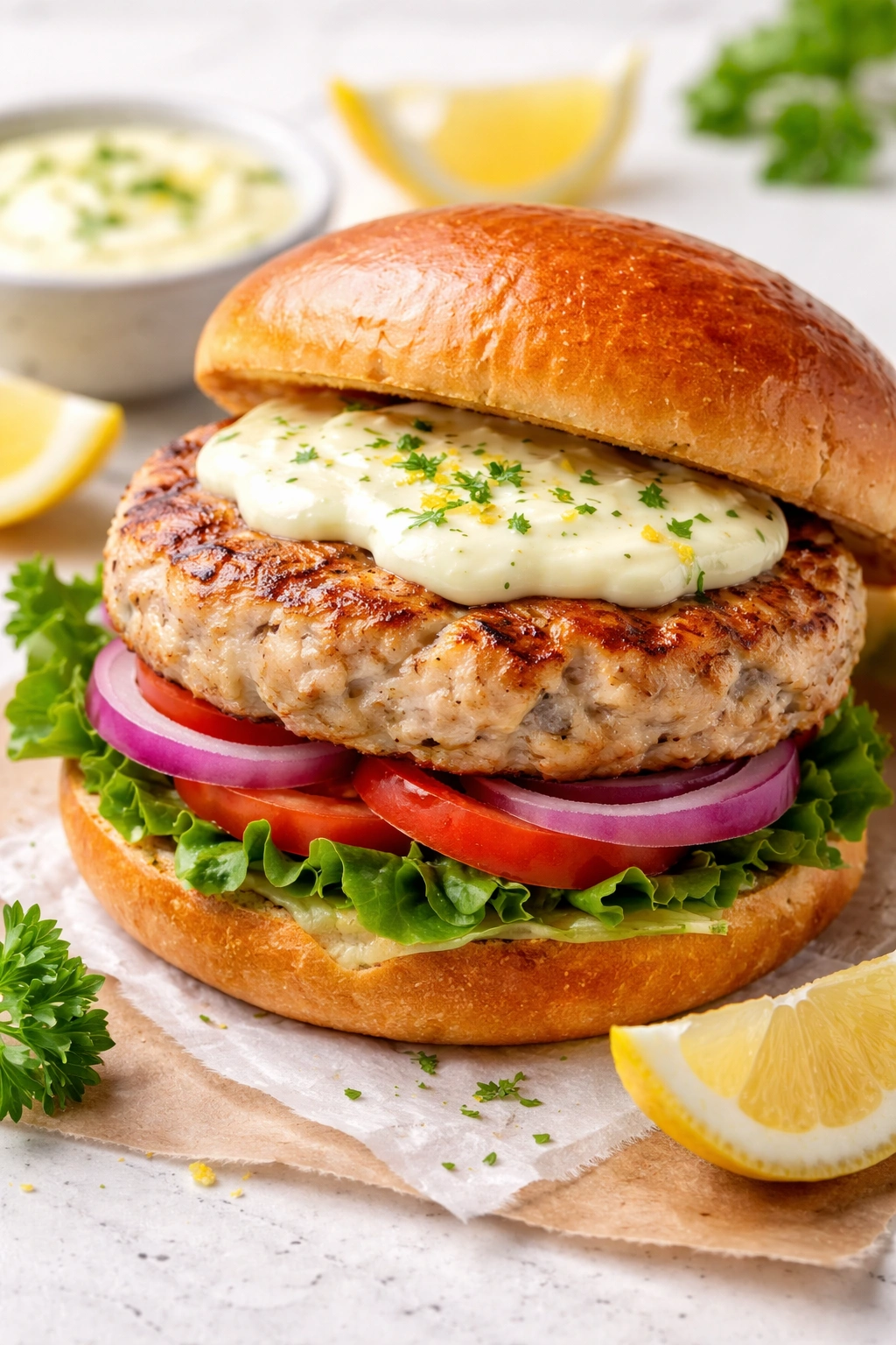 Turkey burger with lemon aioli on a soft bun