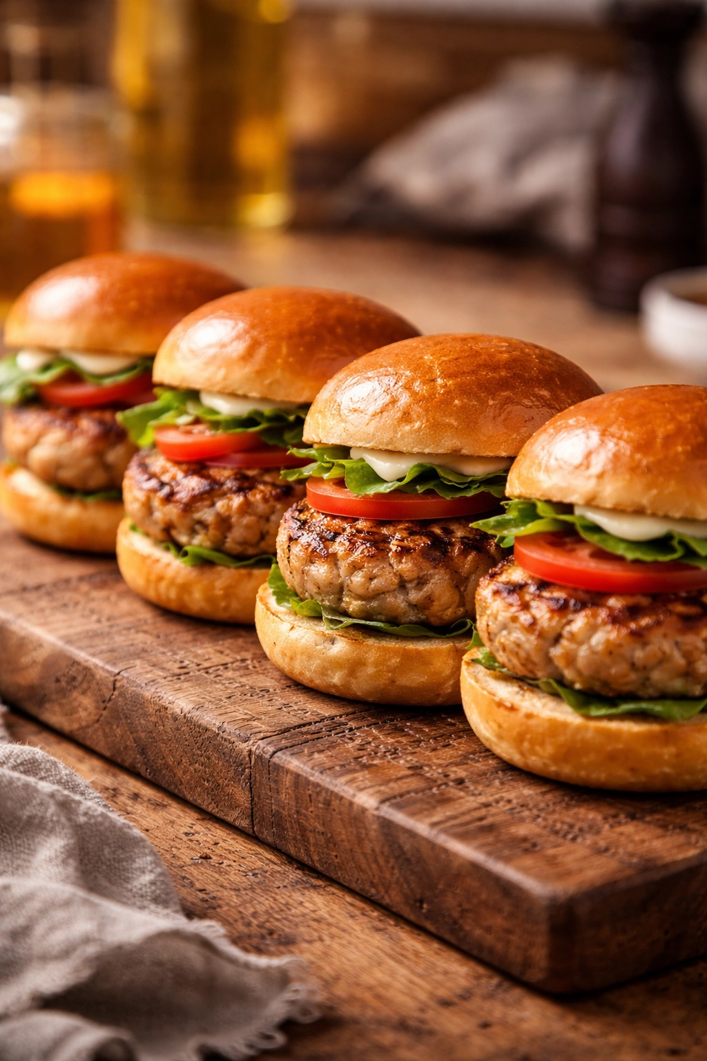 Close-up of turkey burger sliders on a wooden board