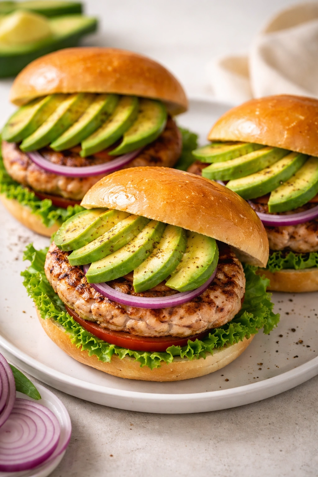 Turkey burger patties topped with avocado on a plate