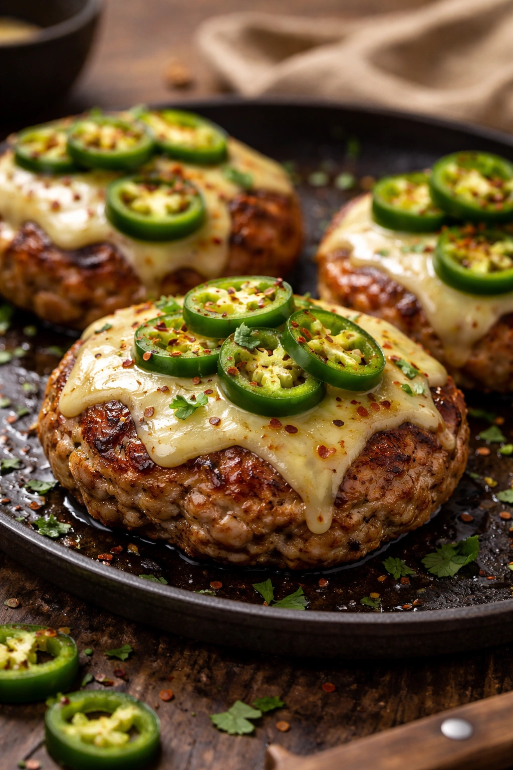Juicy turkey burgers with Swiss cheese and jalapeños