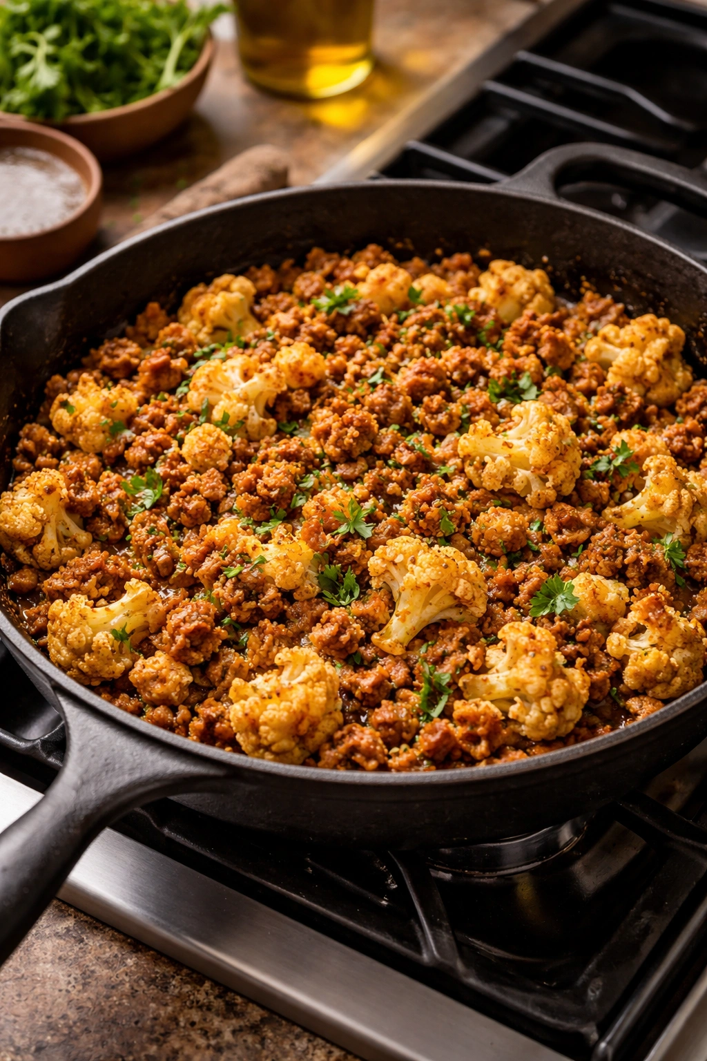 Skillet with spiced ground turkey and cauliflower florets