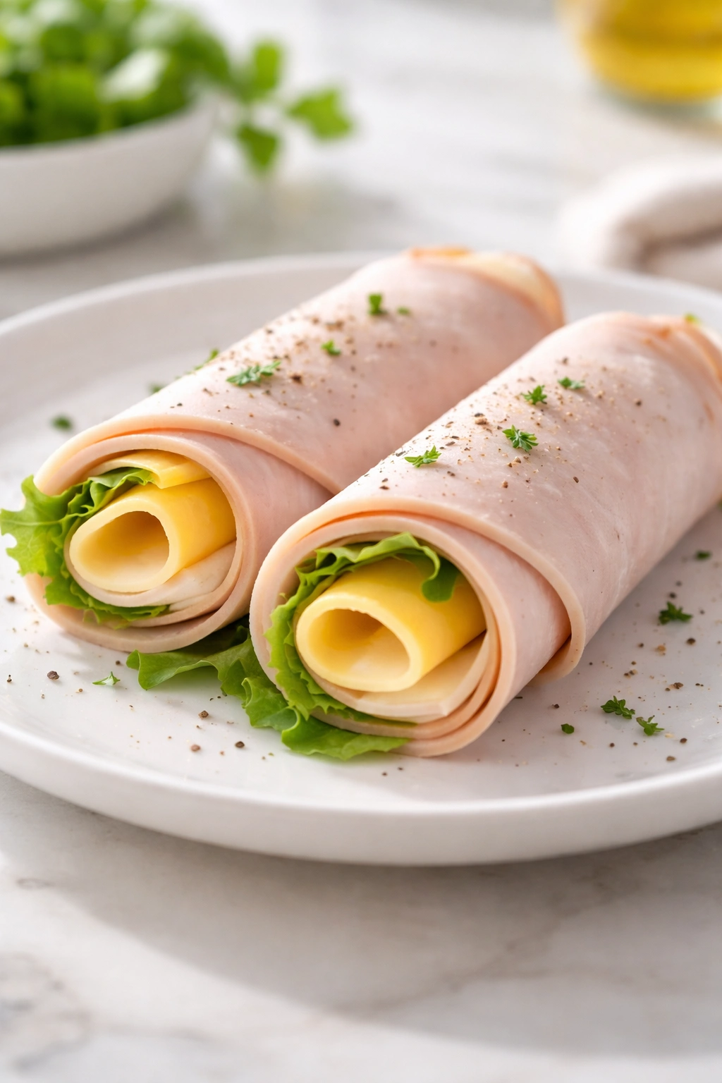 Two turkey and cheese roll-ups on a plate