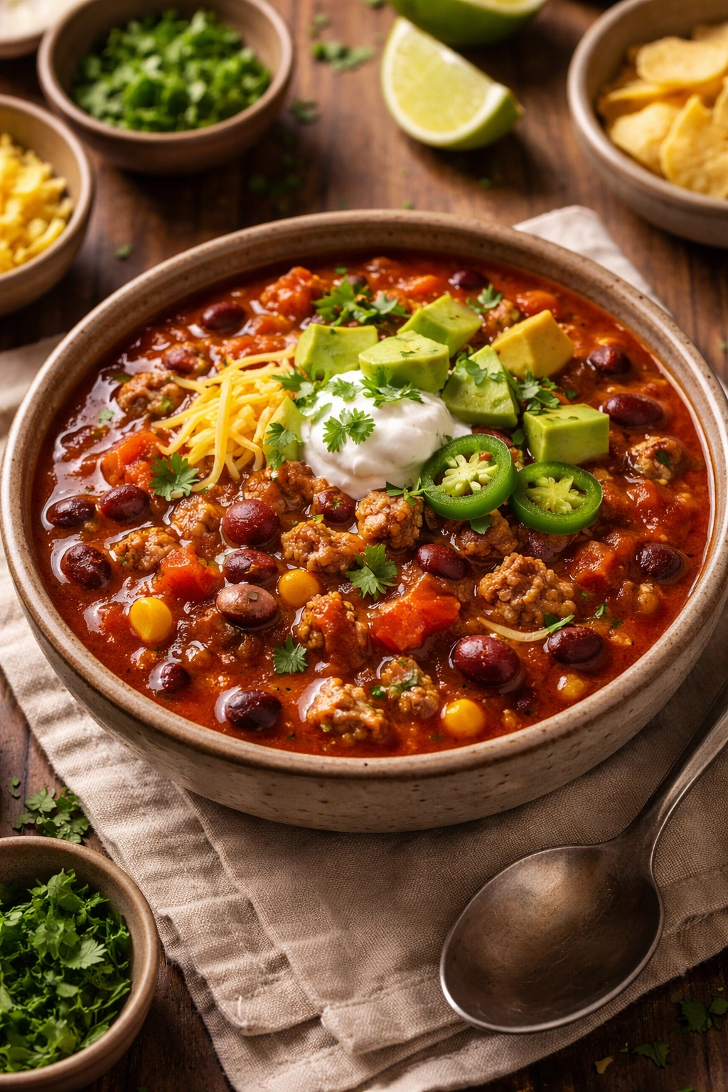 Steaming turkey chili with beans in rustic bowl