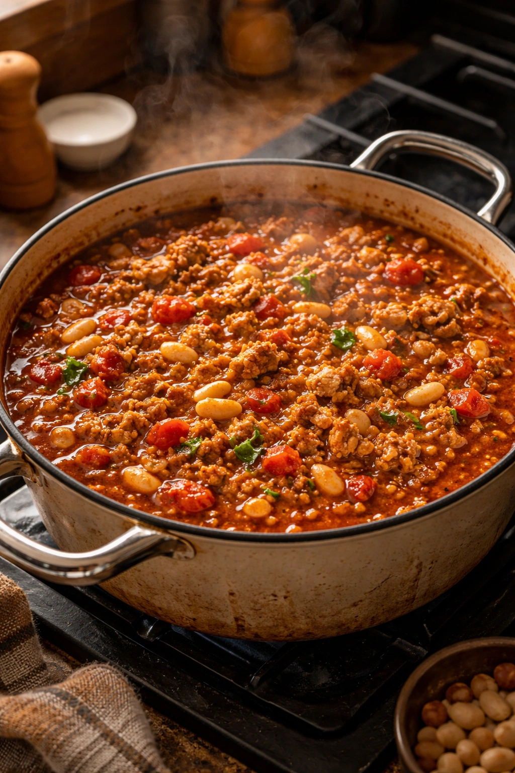 Pot of turkey chili with white beans steaming