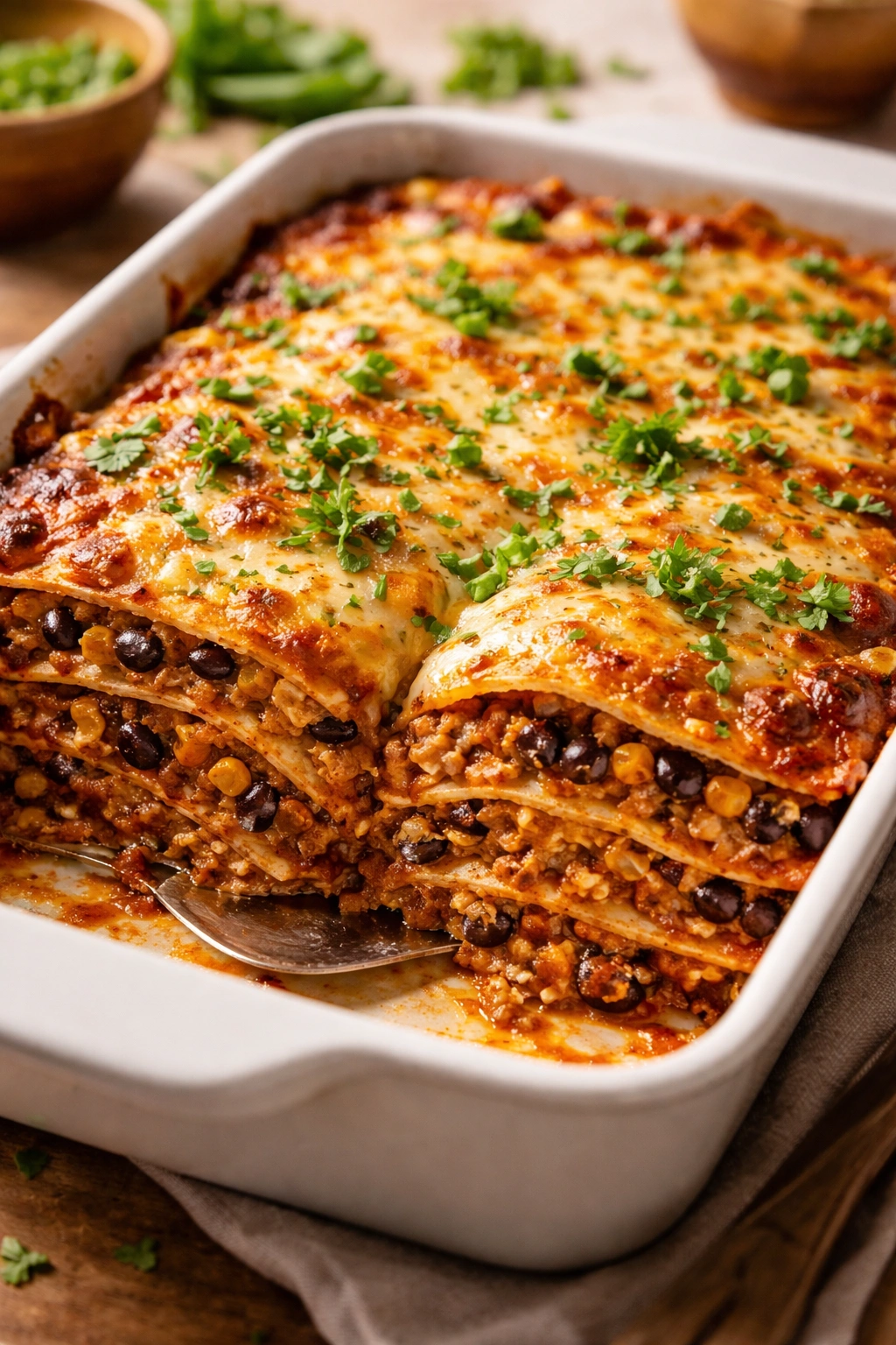 Slice of ground turkey enchilada casserole with black beans and cheese on a neutral surface