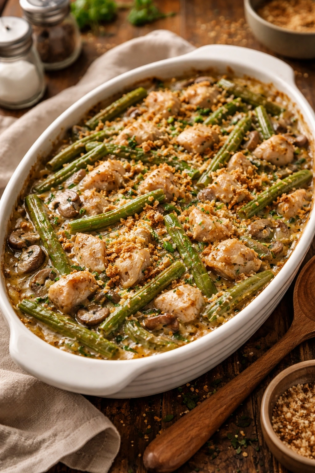 Close-up of turkey and green bean casserole in a creamy sauce