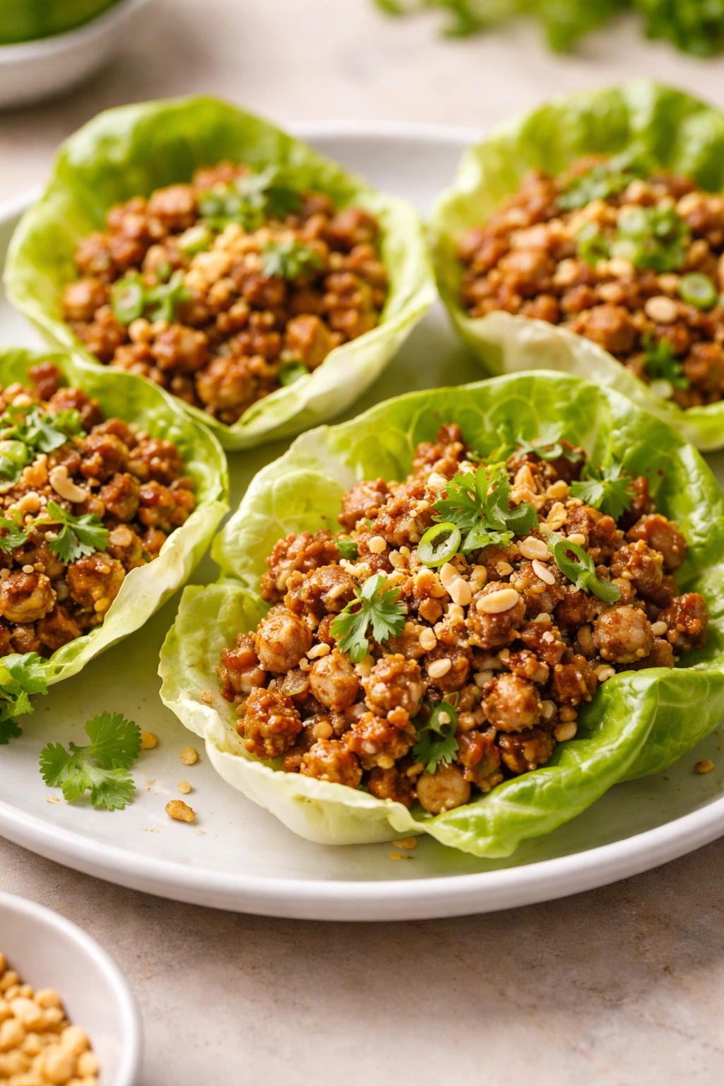 Close-up of Asian-inspired ground turkey lettuce cups with crispy toppings on a white plate
