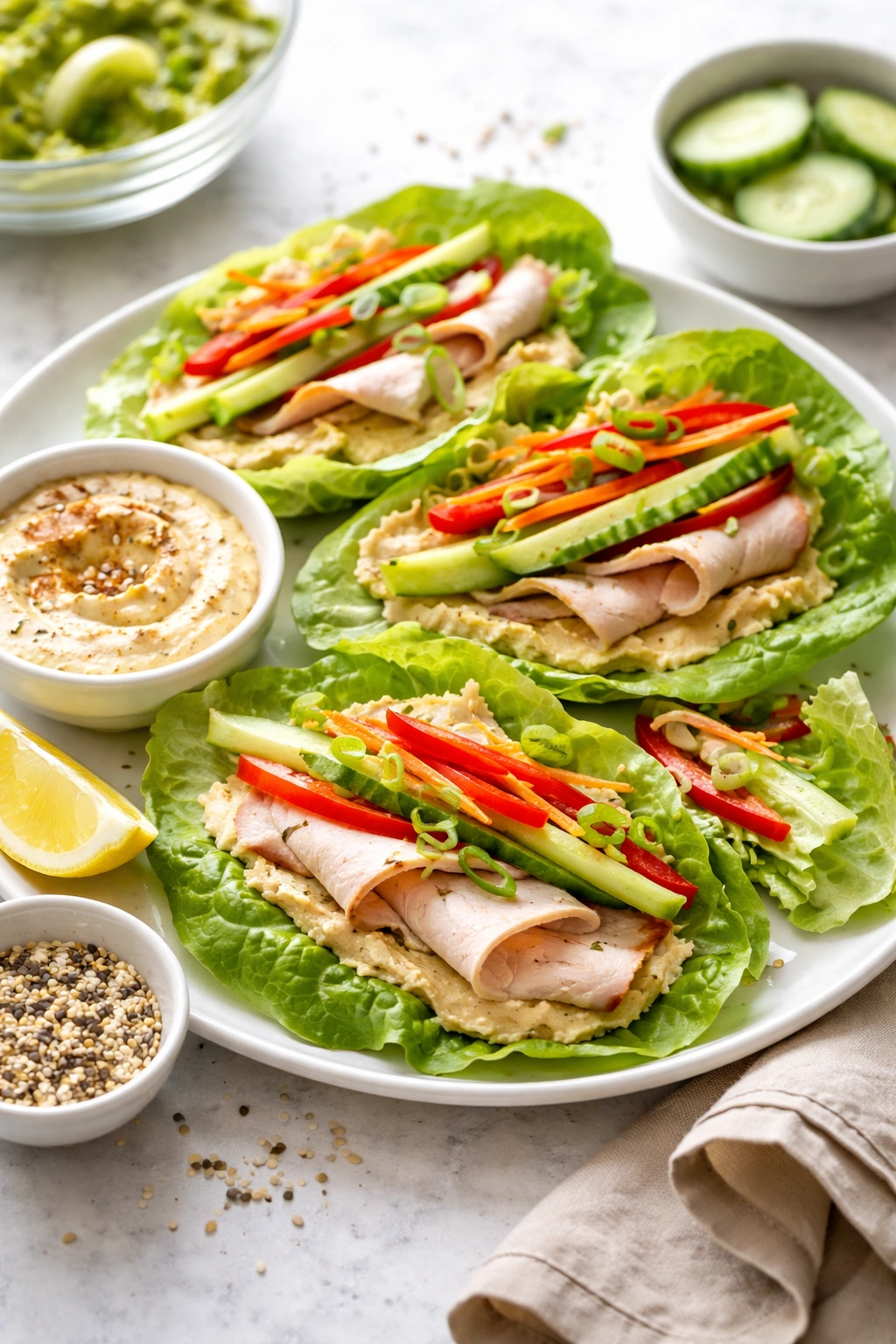 Turkey lettuce wraps with hummus and veggies for a low-calorie lunch