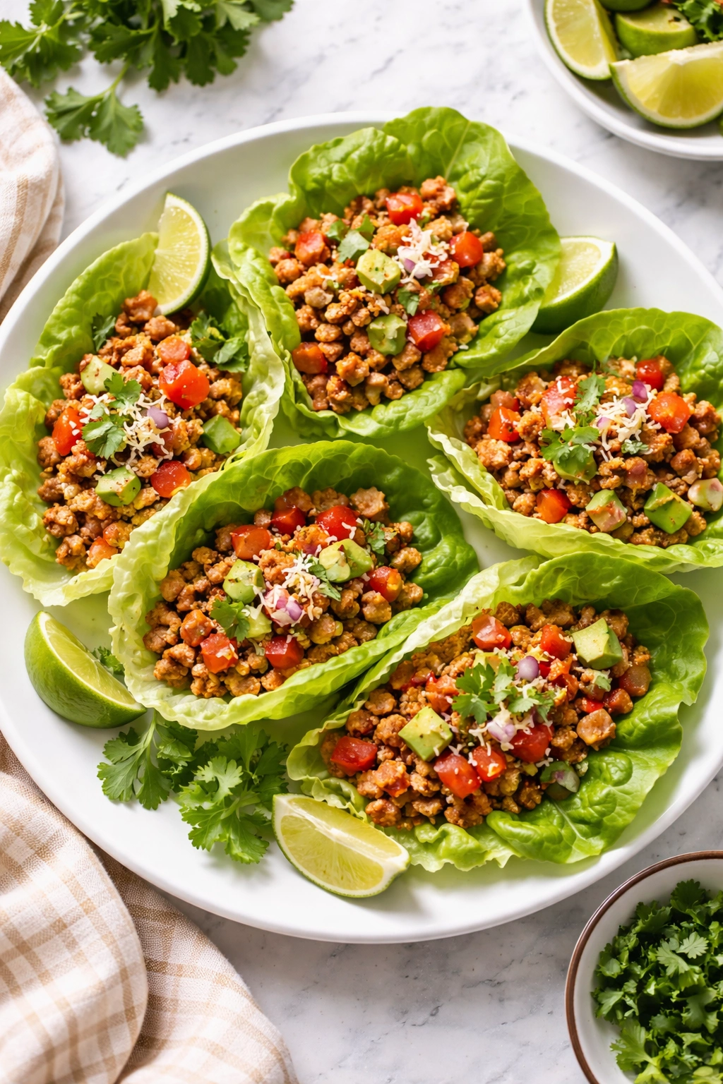 Lettuce wraps filled with seasoned lean turkey on a plate