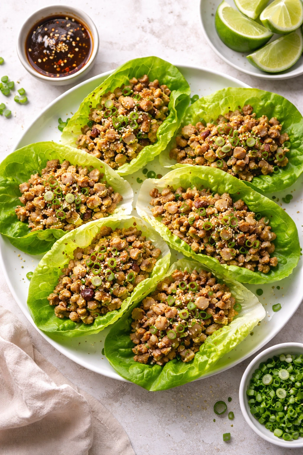 Lettuce wraps with ground turkey filling on plate