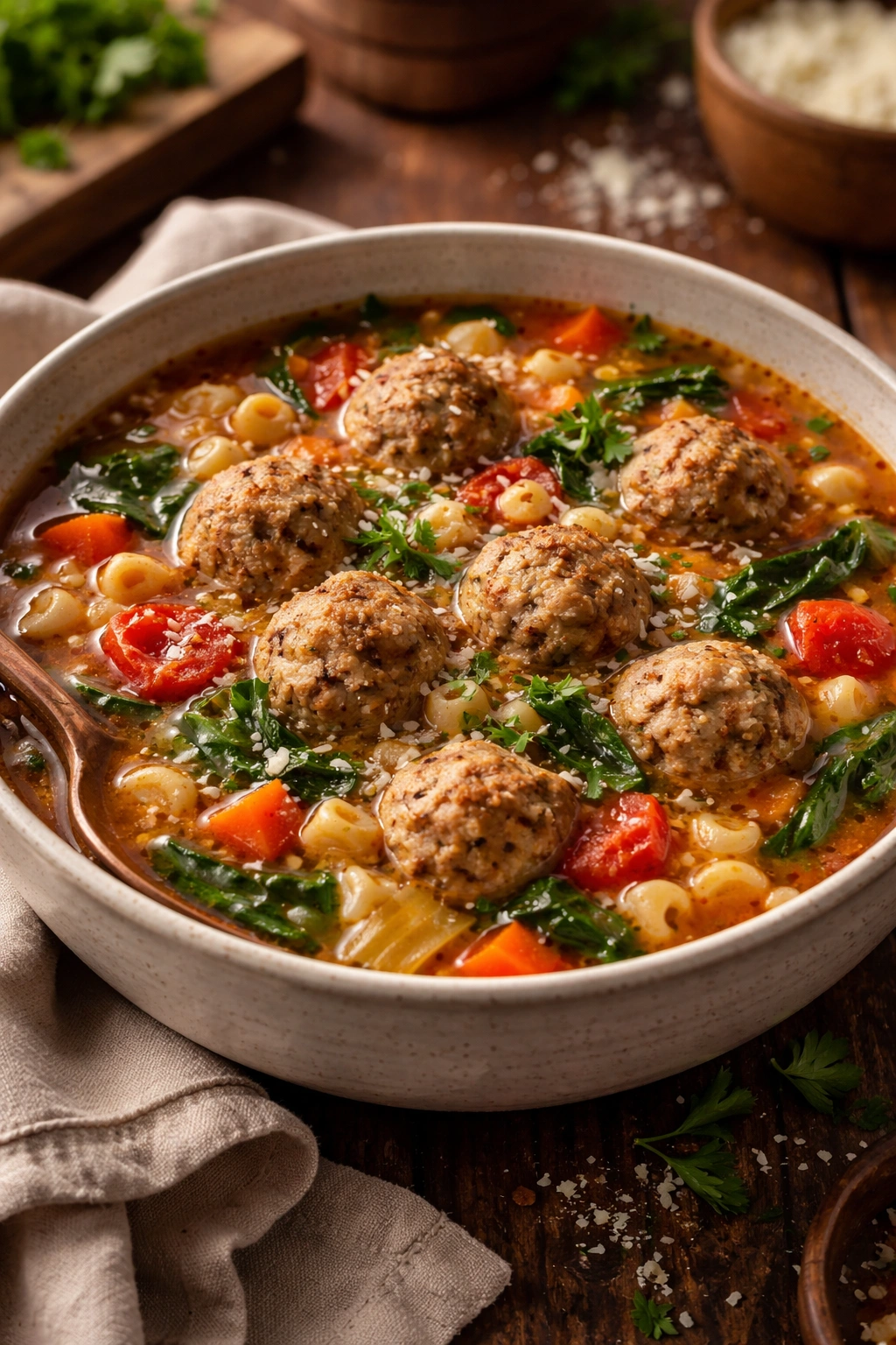 Bowl of turkey meatball minestrone soup with vegetables and pasta