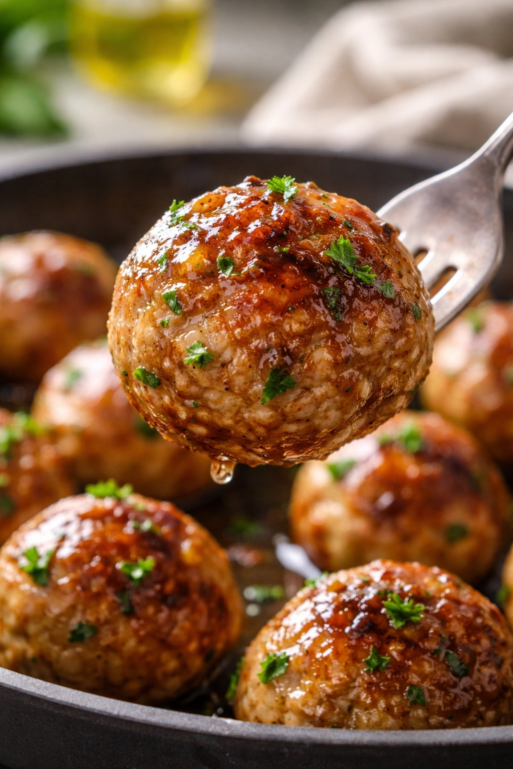 Macro shot of a juicy turkey meatball with glossy surface