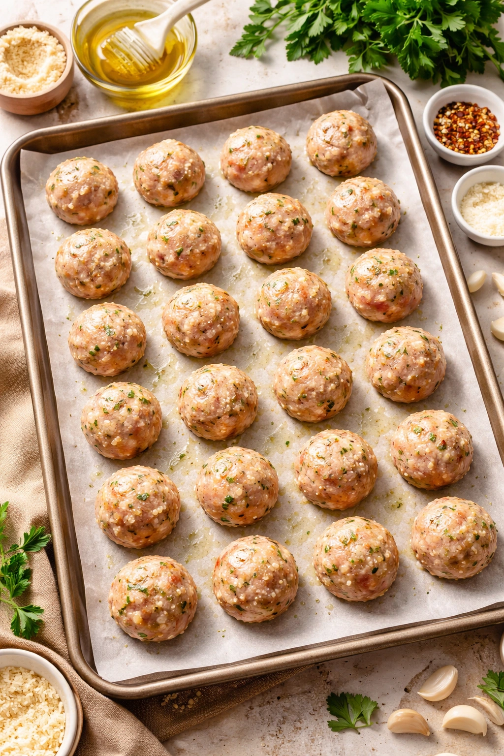 Row of turkey meatballs on parchment-lined sheet before baking
