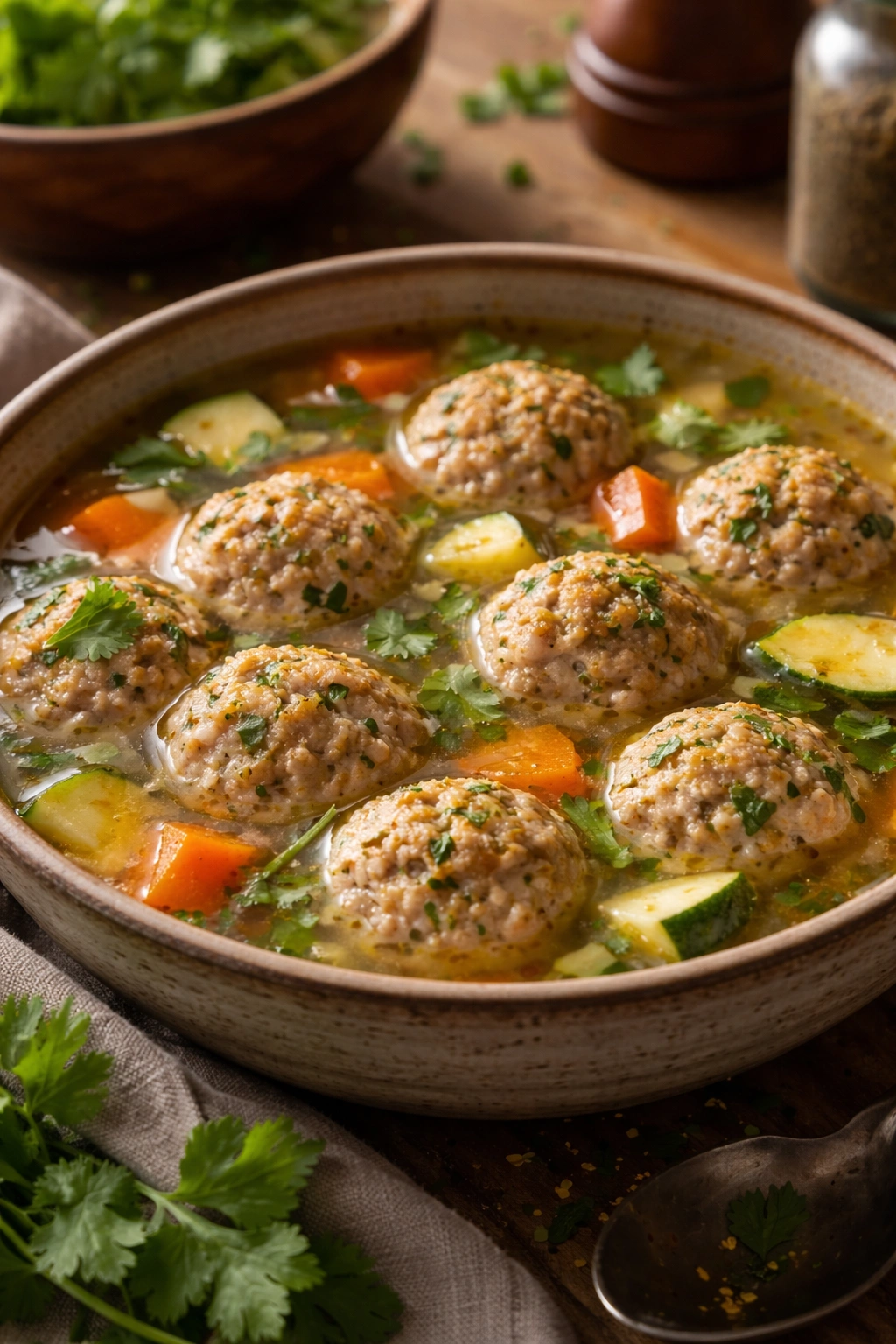 Close-up of pale turkey meatballs in clear broth in a rustic bowl
