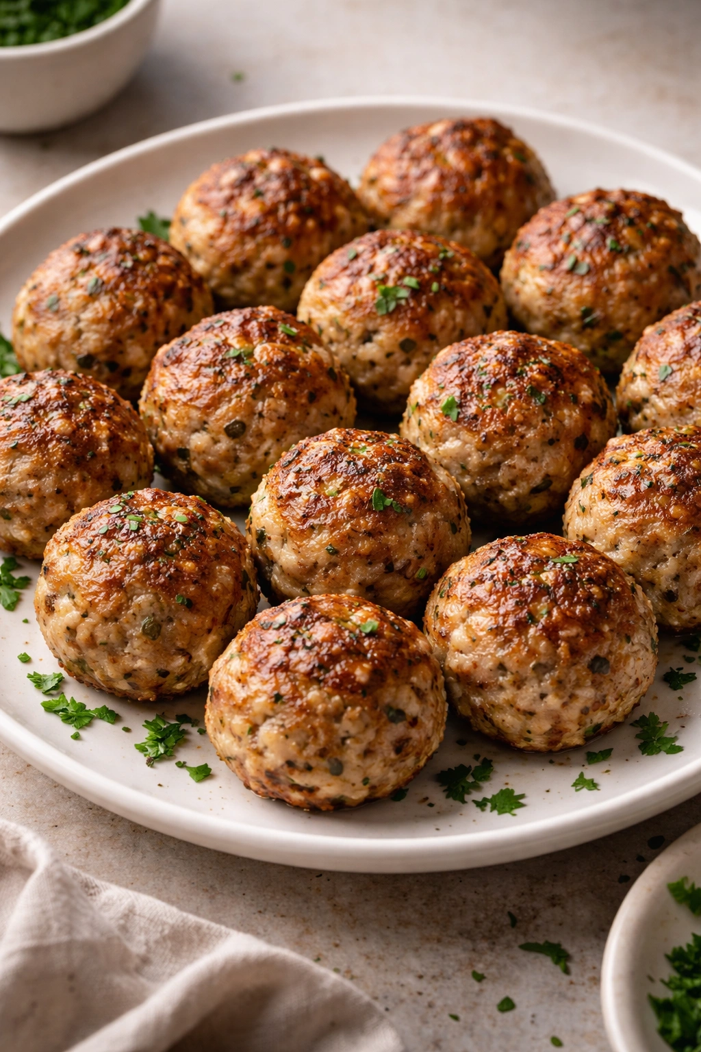 Close-up of perfectly browned turkey meatballs on a plate.