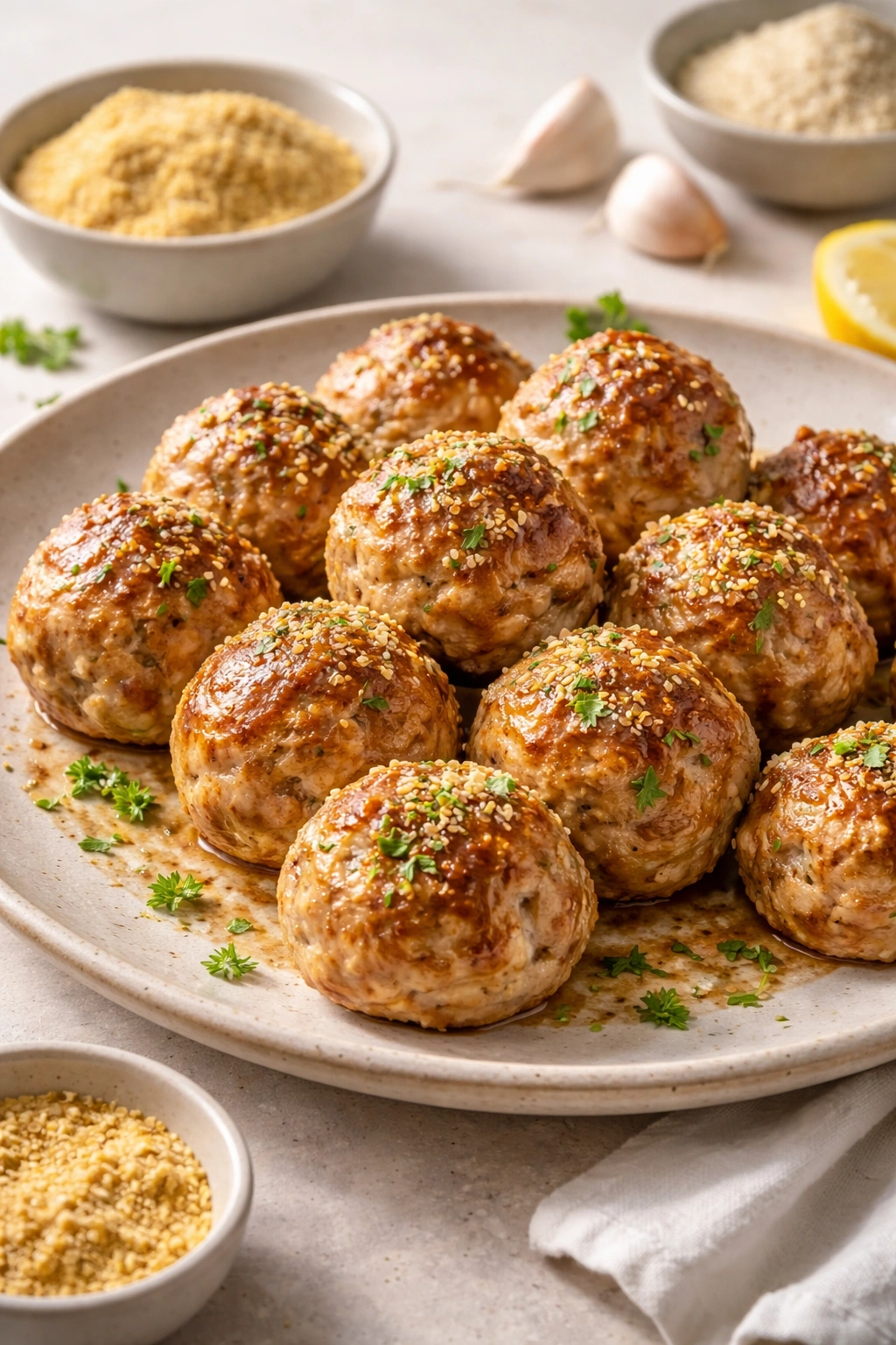 Turkey meatballs with nutritional yeast dust indicating dairy-free substitution