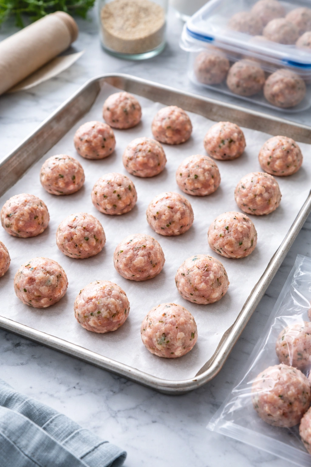 Raw turkey meatballs on parchment-lined tray ready for freezing