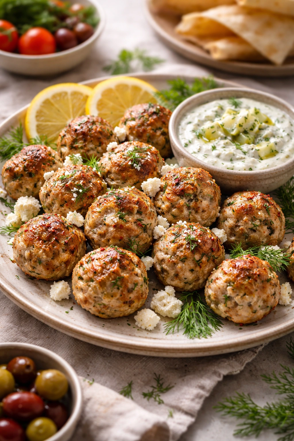 Greek-style turkey meatballs plated with feta and dill, tzatziki nearby