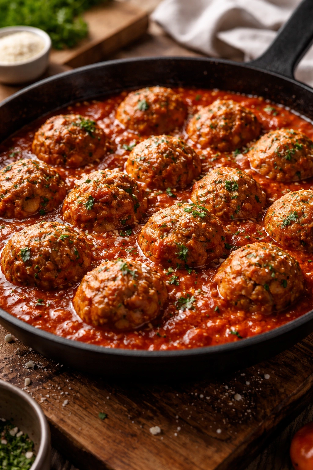 Meatballs simmering in bright red marinara sauce