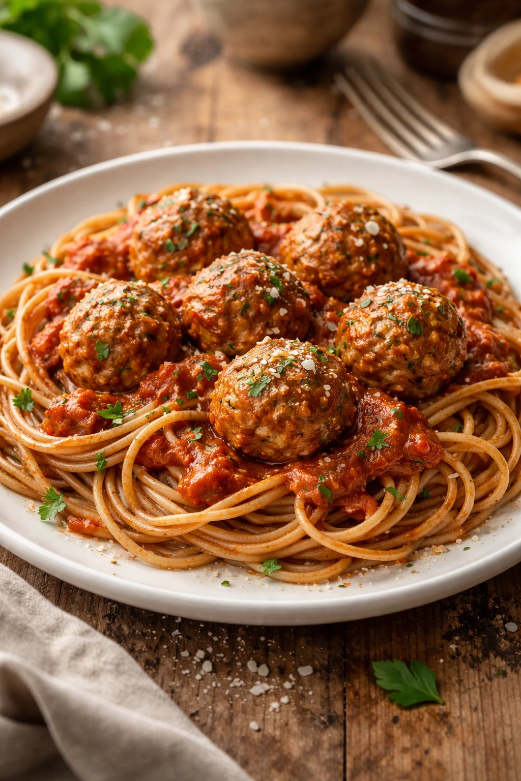 Close up of turkey meatballs with marinara and whole wheat pasta on a plate