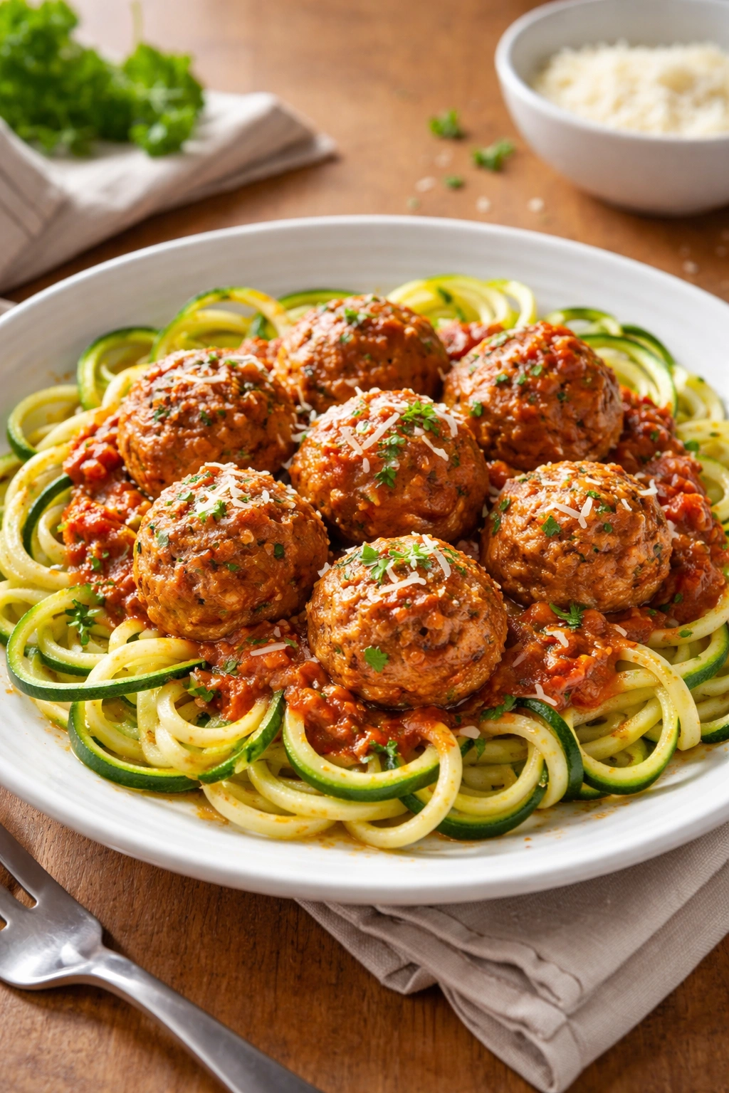 Turkey meatballs in marinara with zucchini noodles