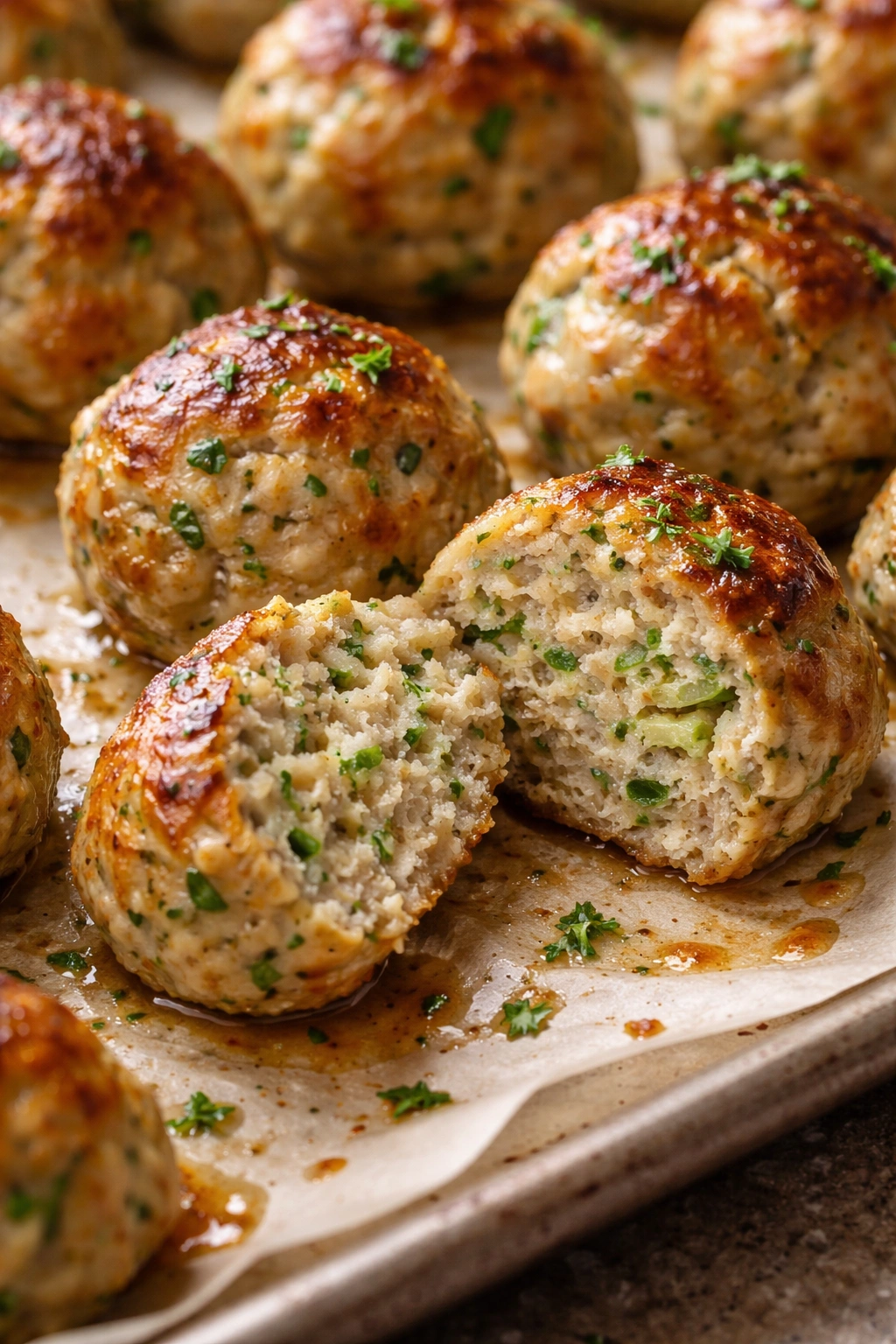 Close-up of moist turkey meatballs with grated zucchini inside on a baking sheet