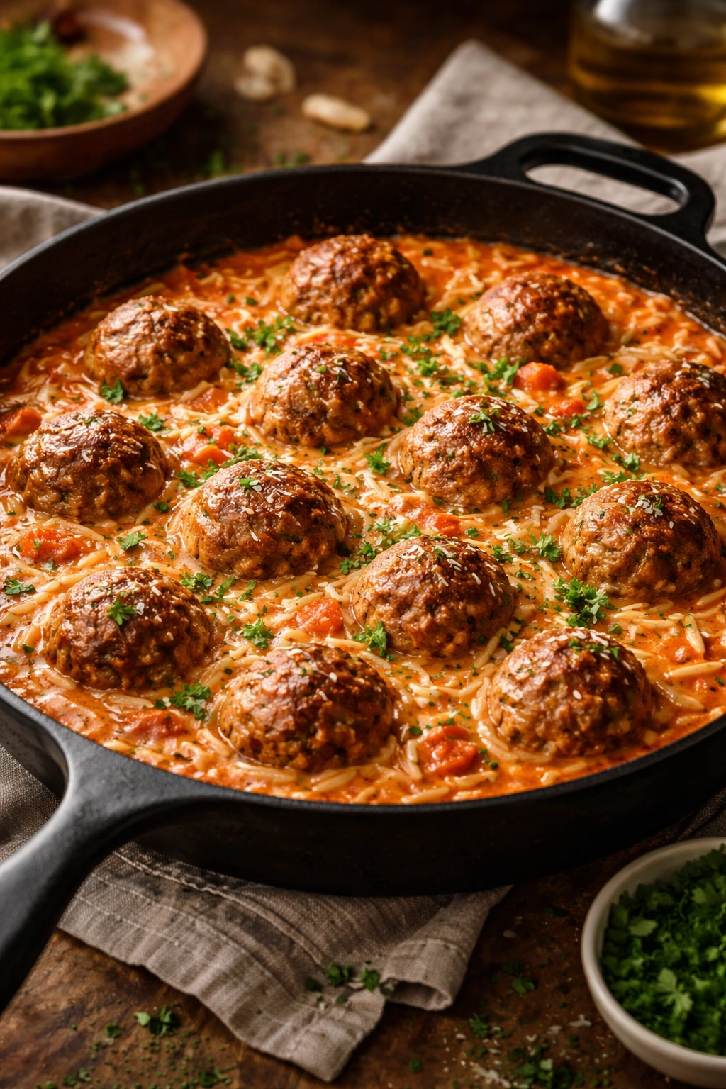 Turkey meatballs in a creamy tomato orzo sauce in a skillet