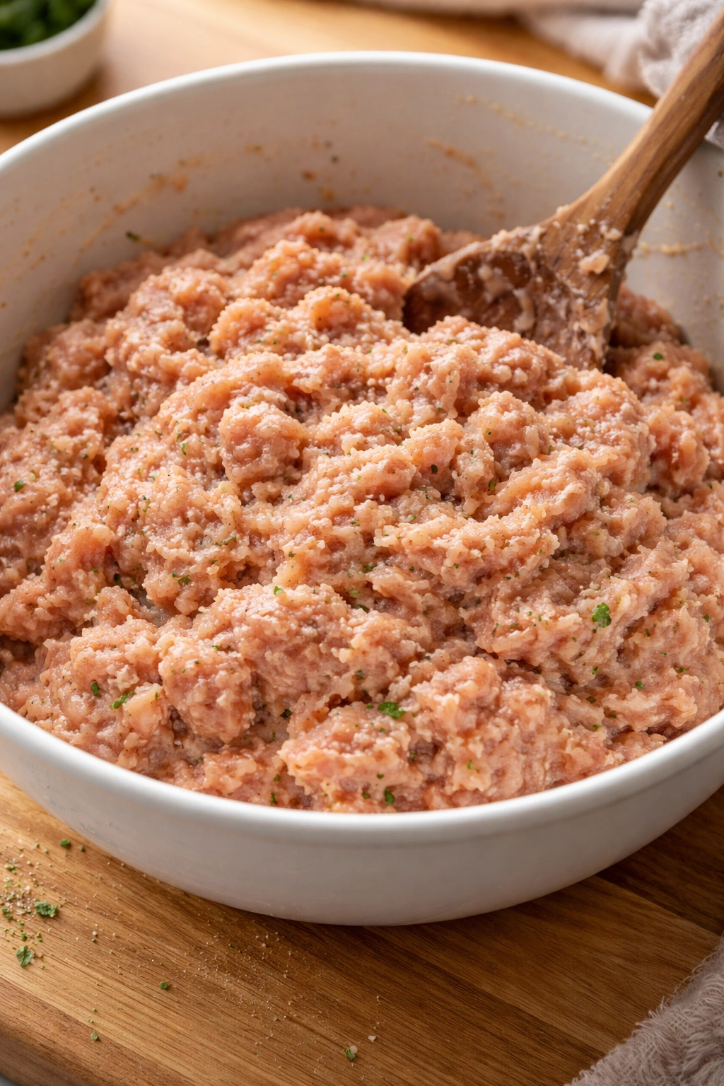 Close-up of raw turkey meatball mixture in a bowl showing overmixed dense texture