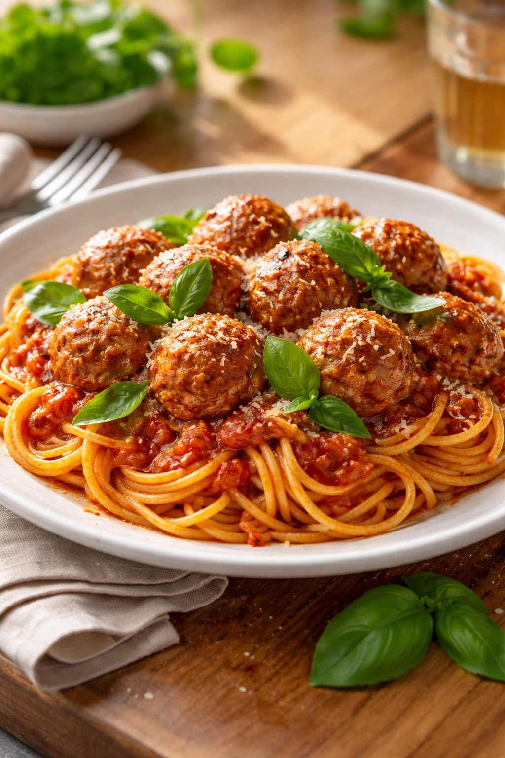 Turkey meatballs with marinara sauce and pasta on a plate