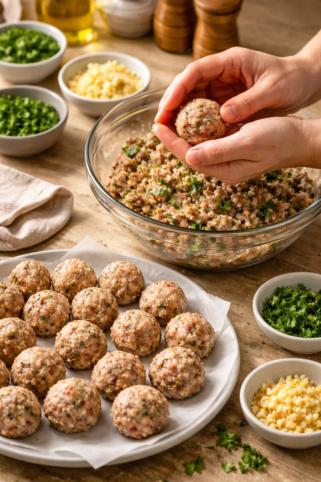 Close-up of hands shaping turkey meatballs for albondigas in a warm kitchen