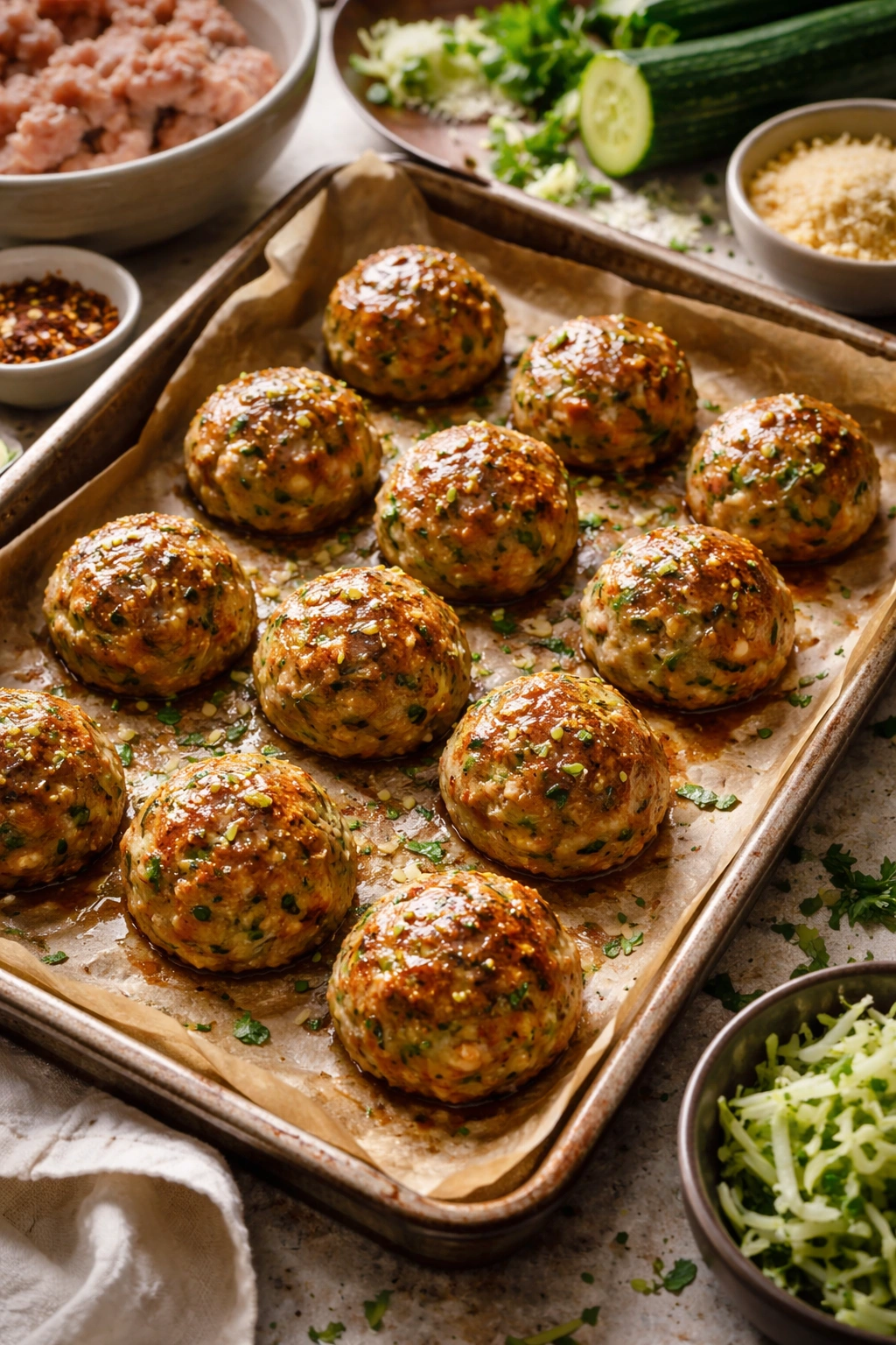 Close-up of juicy turkey meatballs with zucchini flecks on a parchment-lined baking sheet