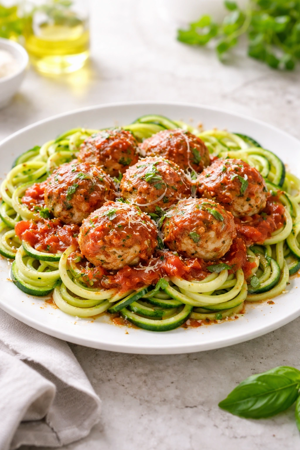 Turkey meatballs with marinara and zucchini noodles on a plate