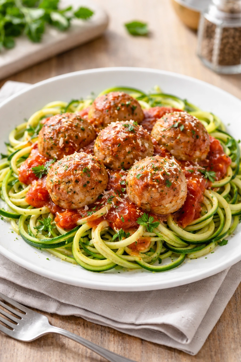 Close-up of turkey meatballs with zucchini noodles and marinara on a plate