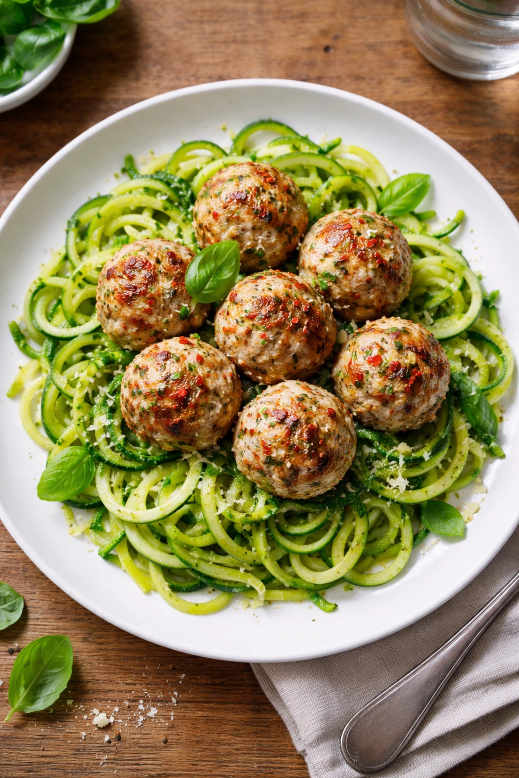 Moist turkey meatballs on zucchini noodles with pesto
