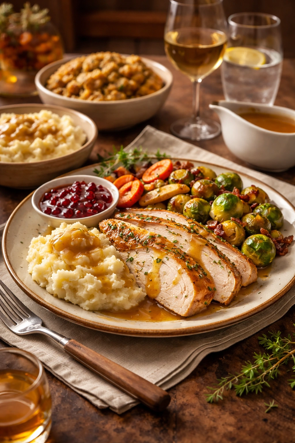Plated herb-roasted turkey with mashed potatoes and vegetables
