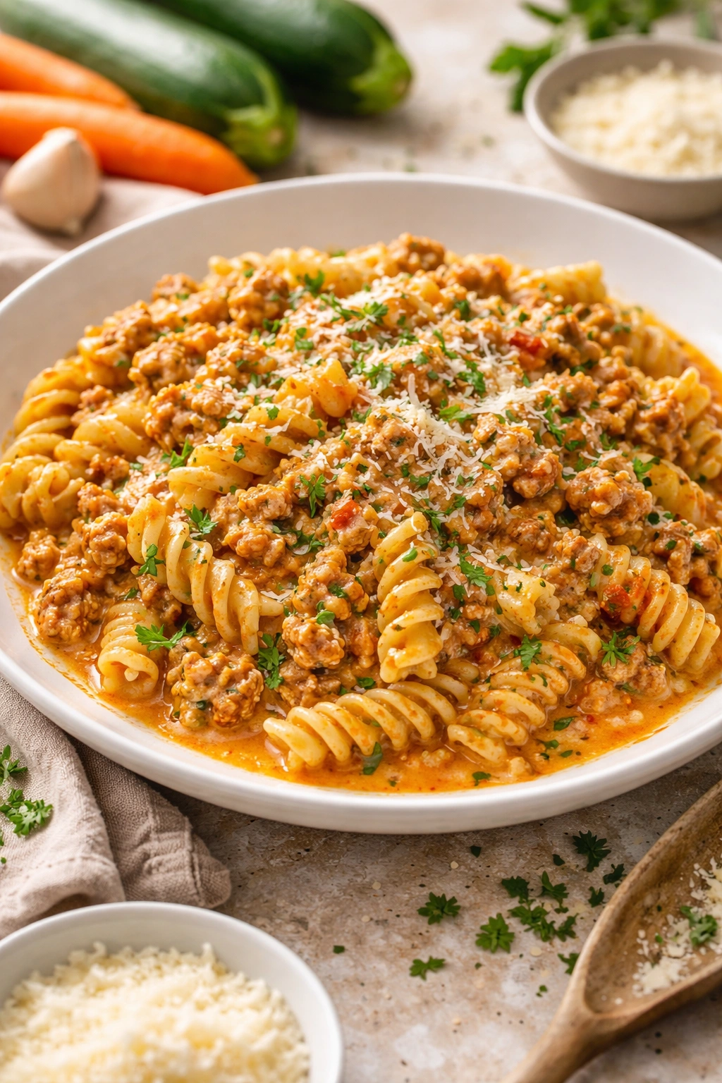 Creamy pasta with subtly blended vegetables in sauce