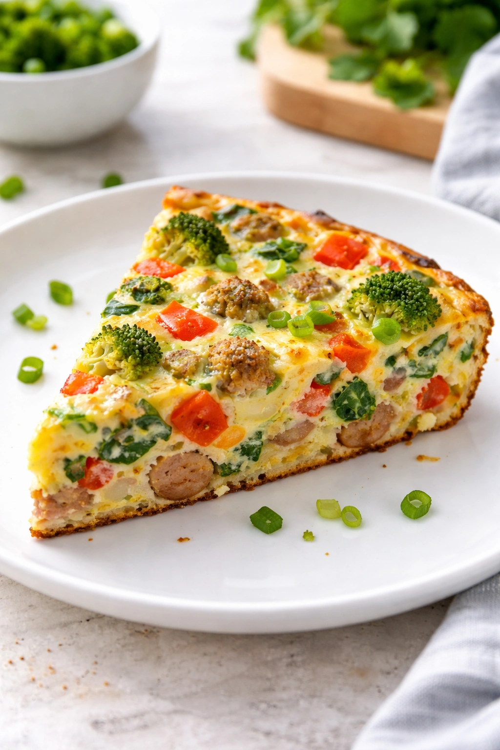 Slice of turkey sausage and vegetable frittata on a white plate