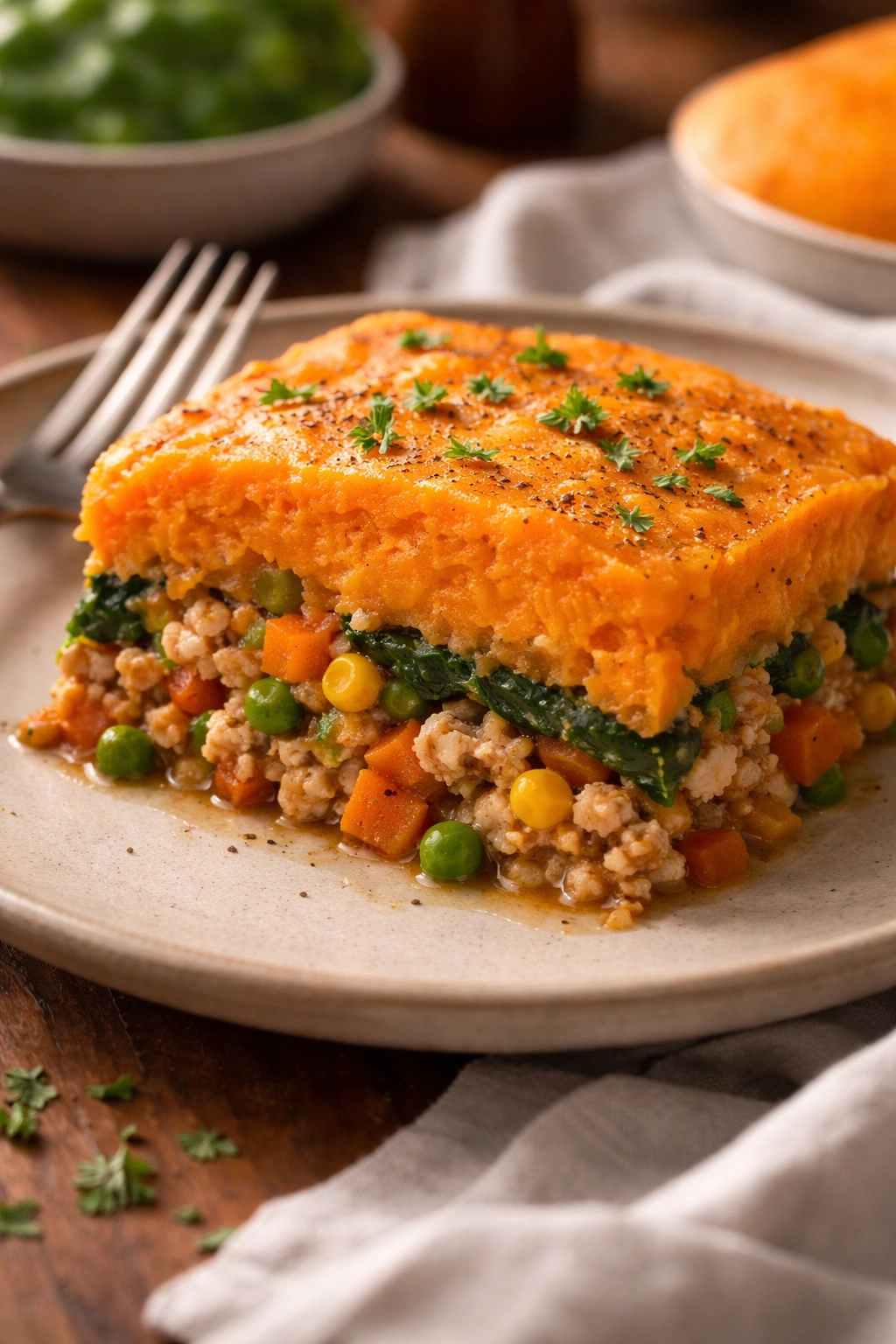 Slice of turkey shepherd's pie showing turkey, vegetables, and sweet potato topping