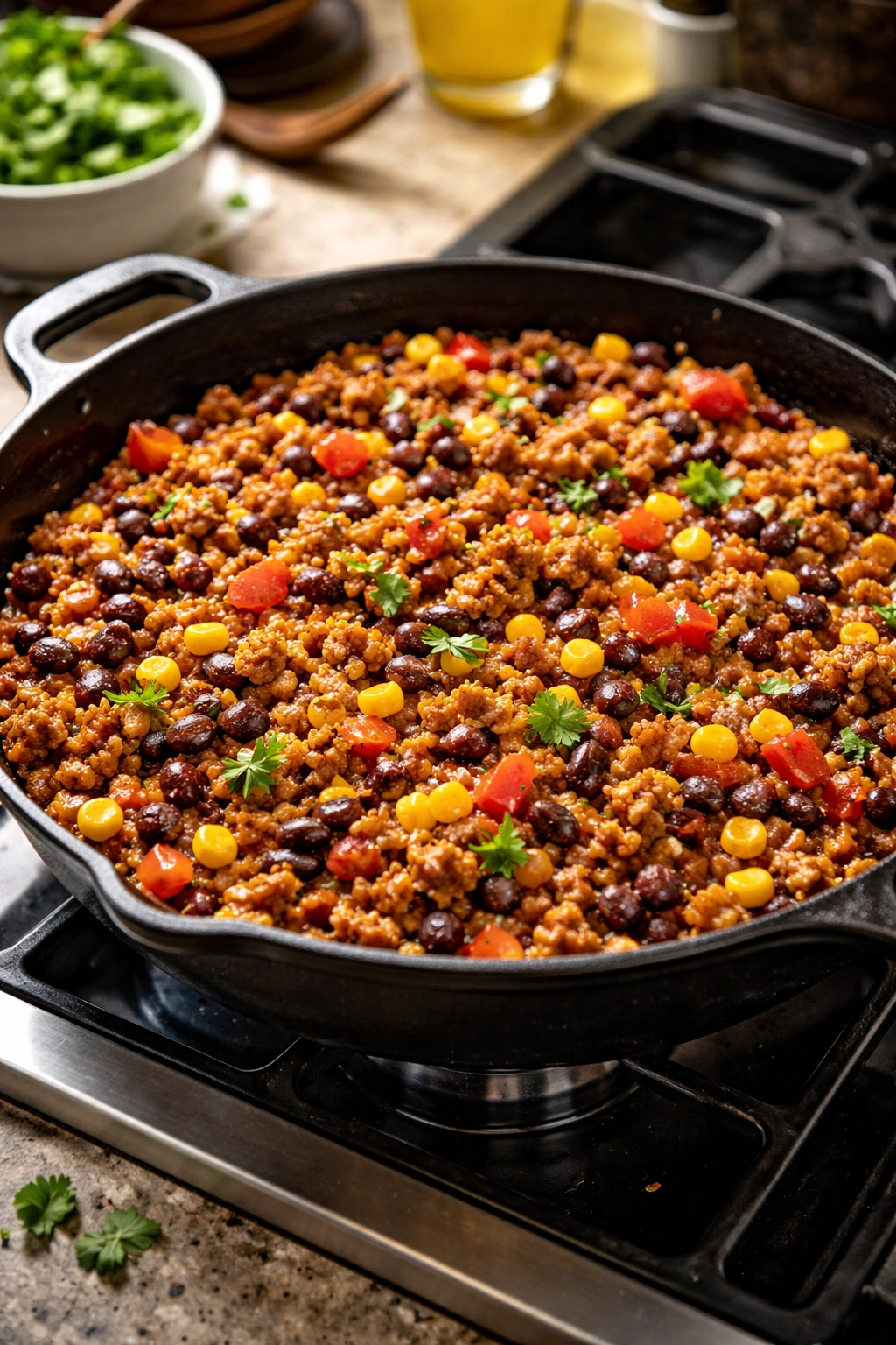 Cast-iron skillet with browned turkey, black beans, and corn in a warm kitchen