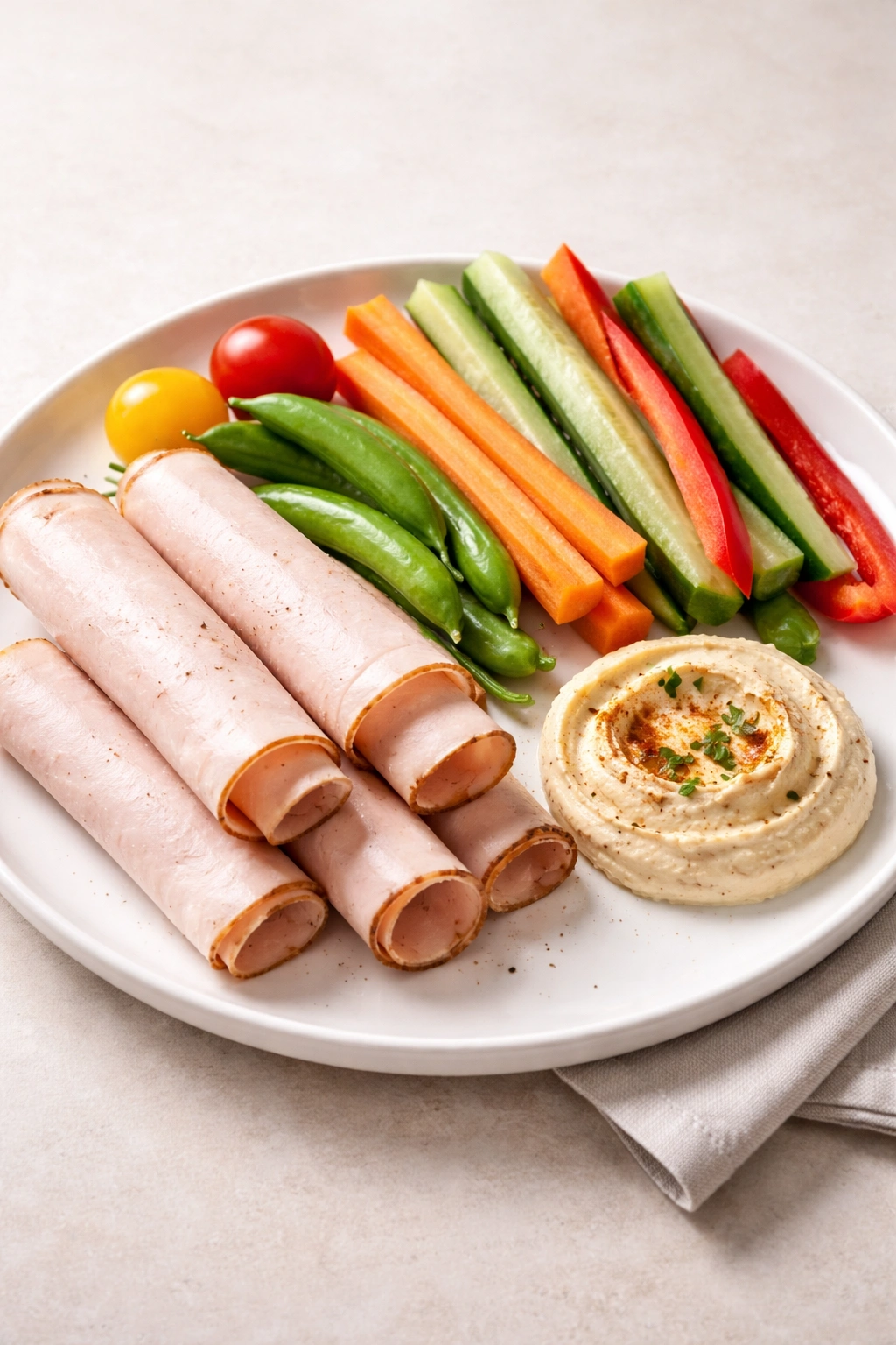 Turkey slices with vegetables and hummus on a plain plate