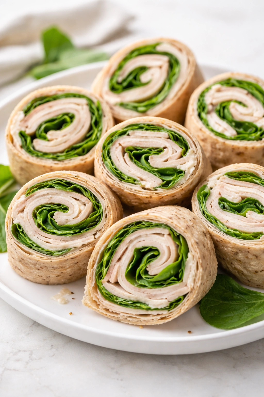 Turkey spinach roll-ups sliced on plate