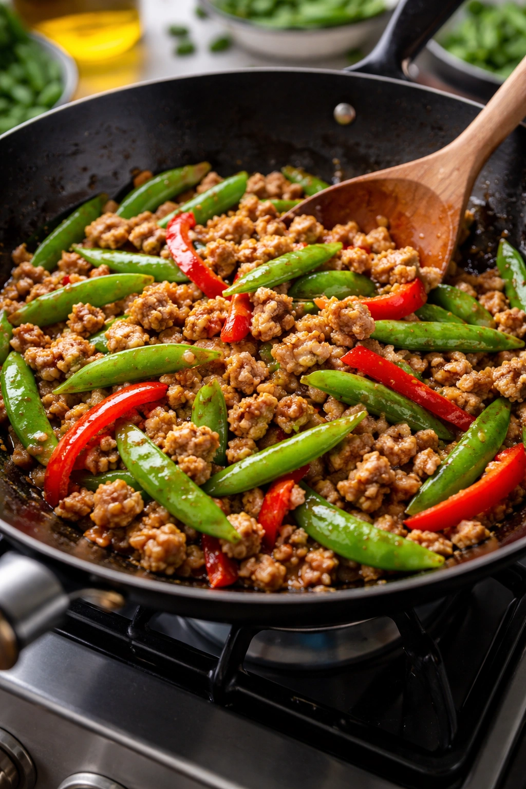 Turkey stir-fry with snap peas on a wok