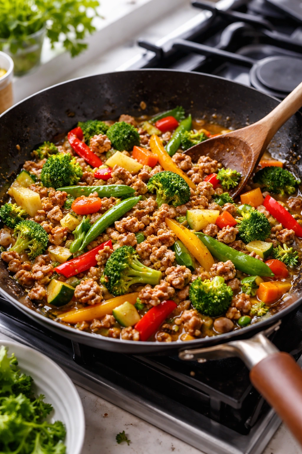 Ground turkey stir-fry with colorful vegetables in a skillet