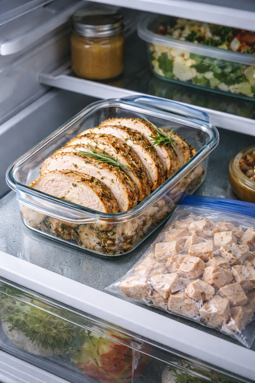Turkey storage in fridge with airtight container and freezer bag nearby