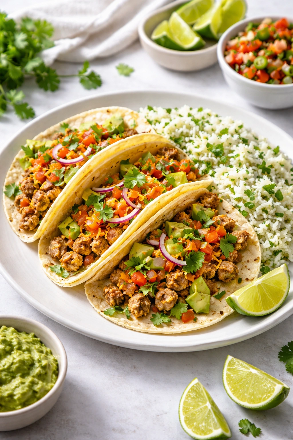 Two ground turkey tacos with cilantro lime rice on a plate