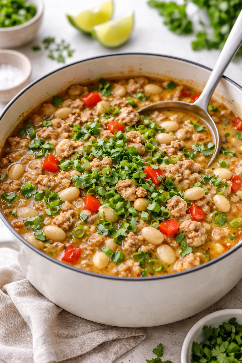 Bowl of pale white bean turkey chili with herbs