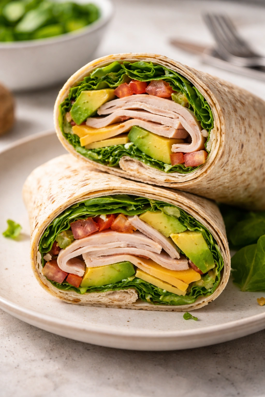 Cross-section of a turkey wrap showing protein-rich fillings