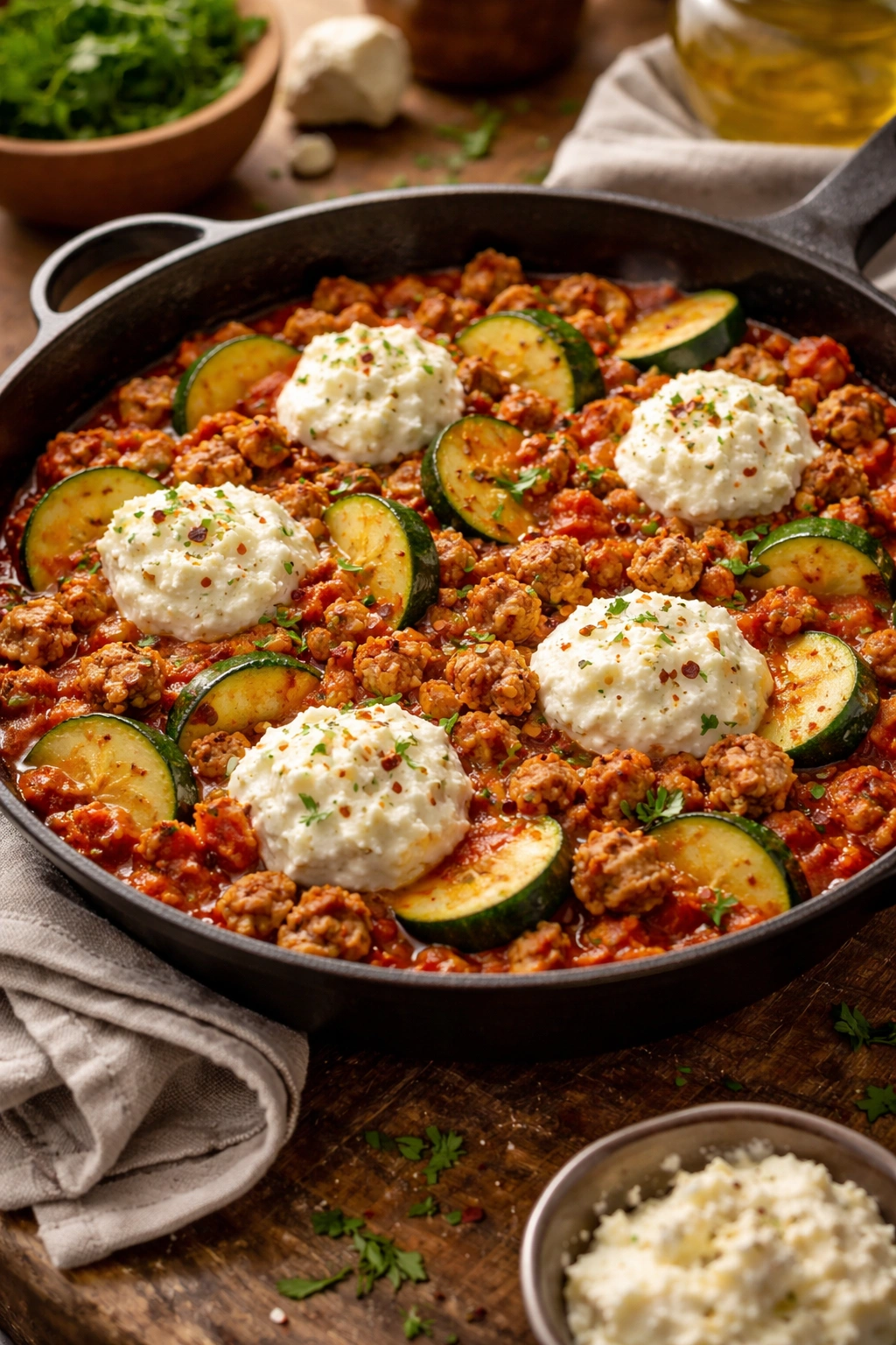 Skillet with turkey, zucchini, and ricotta atop marinara sauce