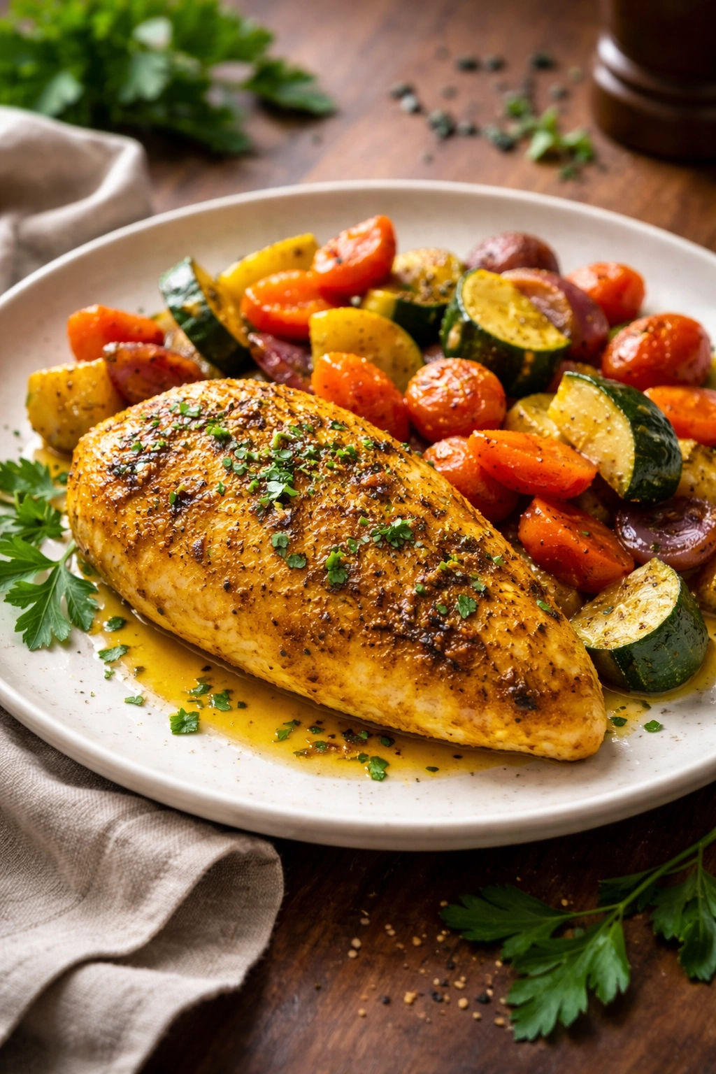 Close-up of turmeric chicken with roasted vegetables on a plate.